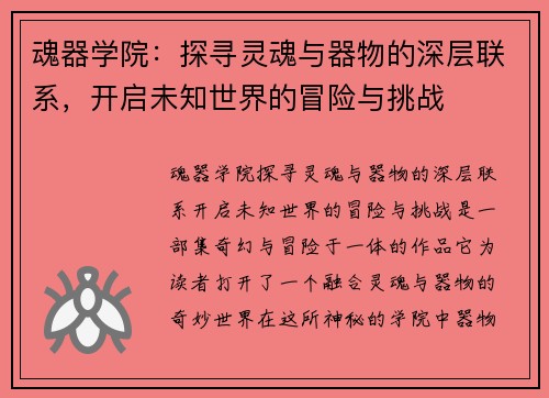 魂器学院：探寻灵魂与器物的深层联系，开启未知世界的冒险与挑战
